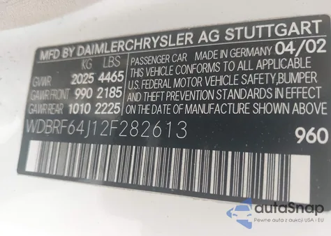 2002 Mercedes-Benz C 320 z USA, uszkodzony, nr VIN WDBRF64J12F282613